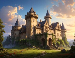 Fototapeta premium A majestic medieval castle sits atop a lush green hill