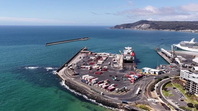 Busy sea port of Burnie city on Tasmanian North-West coast in Australia &ndash; aerial view.