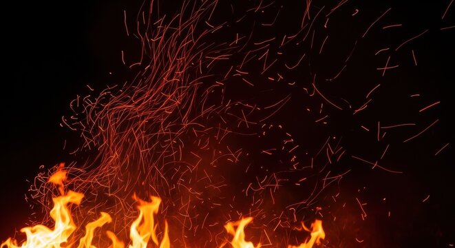 A close-up view of a vibrant fire with sparks flying at night