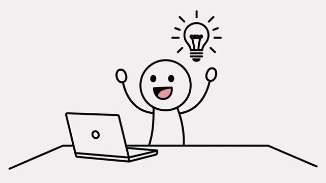 Animated Stickman Working On Laptop Gesturing Ideas Lightbulb Appears Brainstorming Startup Concepts Simple Black And White Cartoon Style White Background