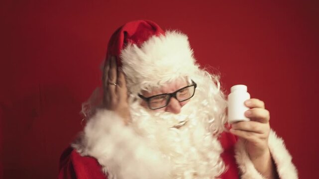 Man in santa costume suffering from severe headache or stress during Christmas. Face of stressed male Santa Claus character with migraine.