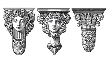 Obraz premium Three classical architectural details in grayscale, including faces and floral carvings