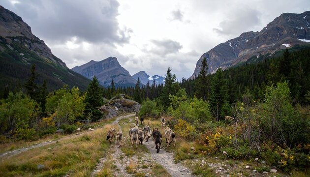 Dog sled team running through mountain path