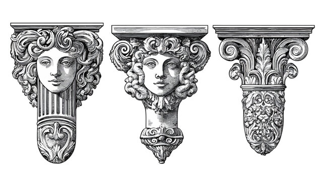 Three classical architectural details in grayscale, including faces and floral carvings