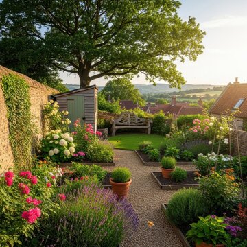 Picturesque English Country Garden with Lush Greenery and Blooming Flowers Overlooking a Scenic Valley at Sunset.
