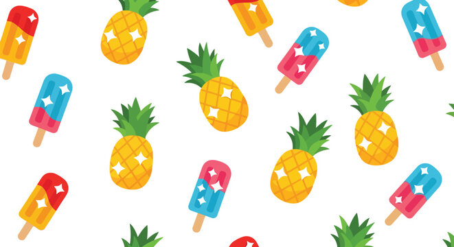 Summer pineapple and popsicle seamless vector pattern for kids, tropical party, fabric, wallpaper