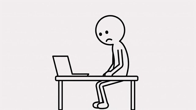 Sad Stickman Sitting at Desk Working on Laptop with Simple White Background and Cartoon Style