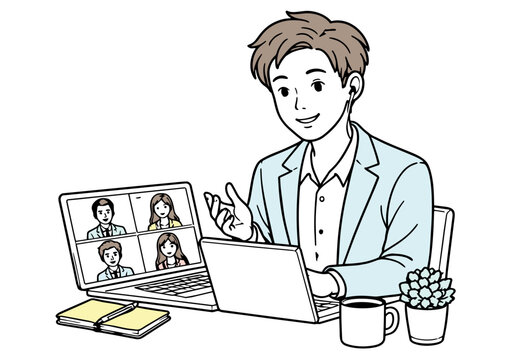 オンライン会議に参加する若い男性