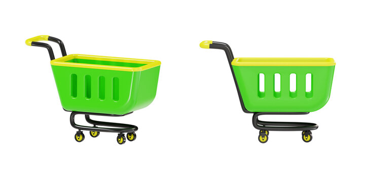 3D Render of Green Supermarket Shopping Cart