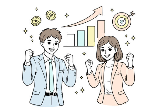 ビジネス成功を喜ぶ若い男女のイラスト