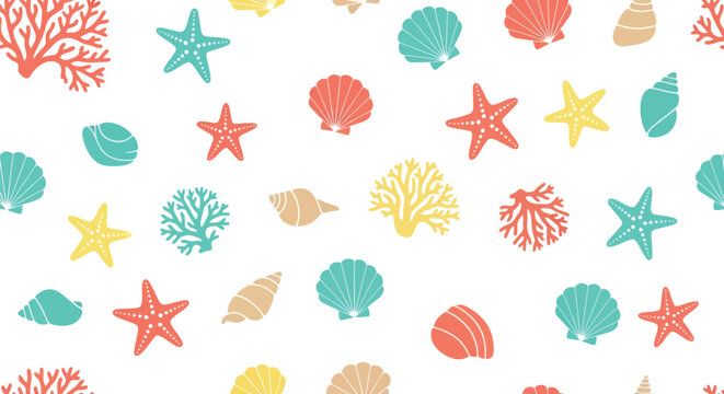 Seamless Summer Beach Vector Pattern with Seashells, Starfish, Coral in Pastel Colors