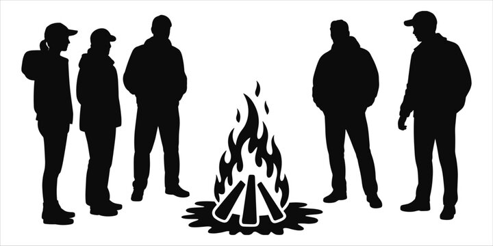 Silhouette of five men standing around a campfire on a white background Keywords: silhouette, men, campfire, fire, gathering, group