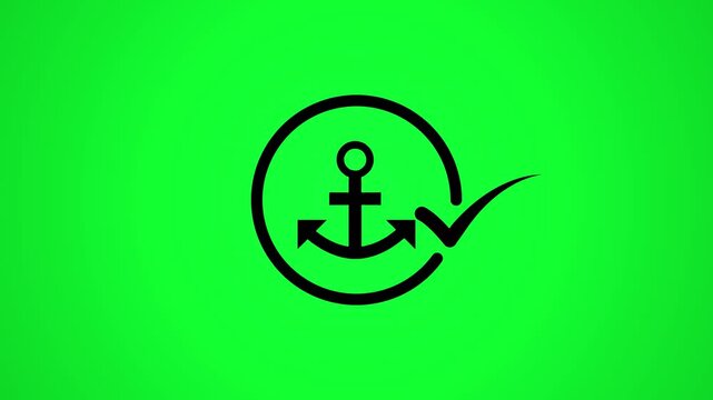 Animated anchor logo icon with check mark symbol on green screen background representing maritime security and nautical safety.