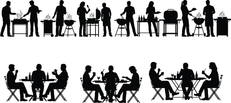 Silhouettes of people grilling and dining outdoors on white background Keywords: silhouettes, people, grilling, dining, outdoors, barbecue