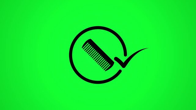 Animated icon of a comb inside circle with checkmark appearing on green screen background.