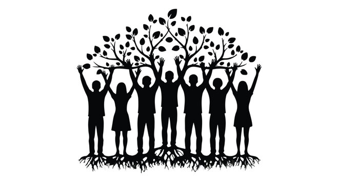 Diverse group of people holding up a vibrant tree, symbolizing unity and growth