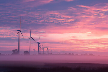 Obraz premium Misty wind farm at sunrise