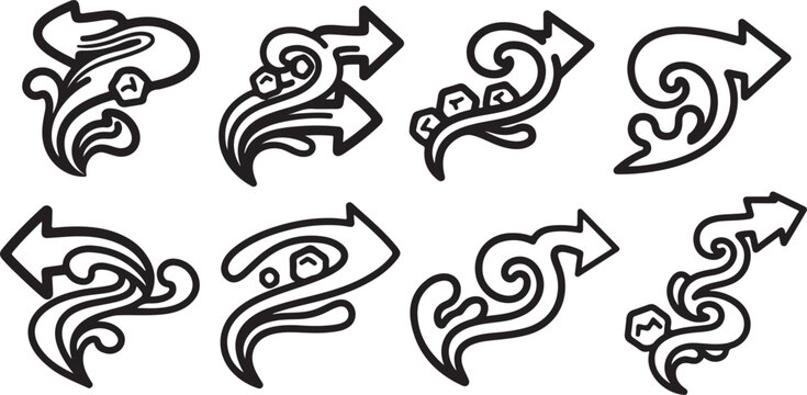 Black and white sketch of eight intricately drawn dragon heads facing forward Vector
