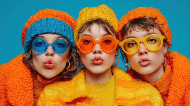 Three stylish friends in colorful outfits and glasses make kissy faces. Ideal for youth, friendship, fashion, or vibrant modern lifestyle blogs.