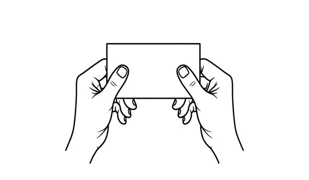 A simple black and white line drawing depicts two hands holding a rectangular card or paper showcasing a minimalist design high quality professional detailed
