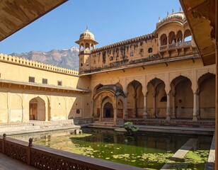 Fototapeta premium A majestic palace courtyard with a serene pool and ornate architecture