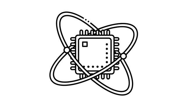 Stylized circuit chip with orbital paths and atomic structure