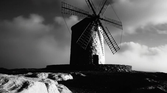 Black and white time-lapse of a traditional stone windmill on a hilltop under dramatic cloudy skies.