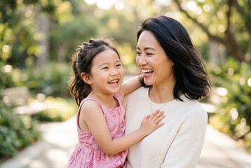 Fototapeta premium Joyful asian mother holds her laughing child outdoors in a sunny park