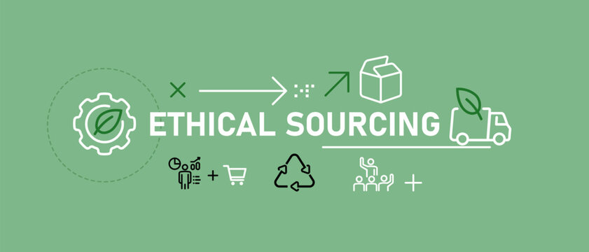Ethical sourcing business concept banner showing supply chain transparency fair trade and sustainable logistics icons for responsible production