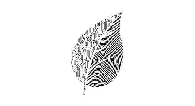 A leaf shape is split, one half printed circuit board, other half fingerprint