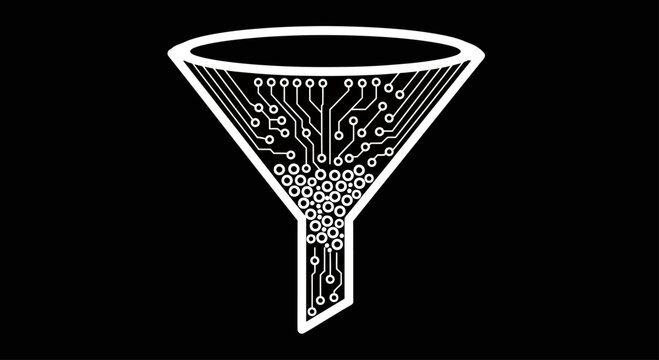 White circuit board funnel filtering data on black background