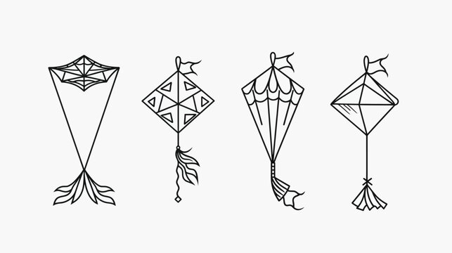 Four line art kites on white backdrop diamond, rectangle, ornate string detail
