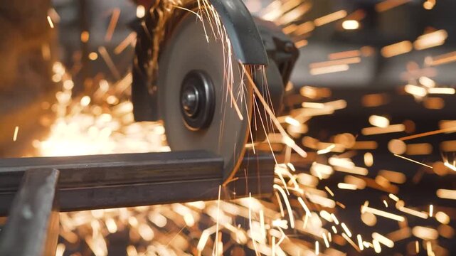 A close up video shows an angle grinder cutting through a steel beam. Bright orange sparks fly as the abrasive disc slices the metal in a workshop, symbolizing construction and industrial work