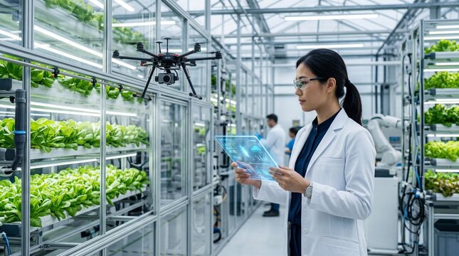 Scientist using digital tablet and drone in modern vertical hydroponic farm