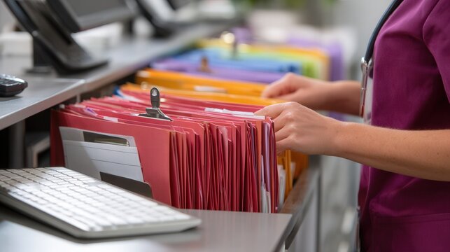 Office worker sorting colorful file folders in drawer, keyboard and mouse on desk, labeled tabs, quick hands organizing records, efficient workflow, clerical focus, data readiness