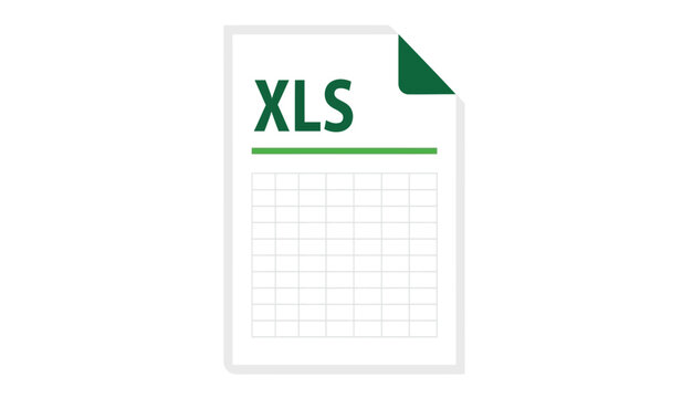 This image depicts a flat illustrative representation of an excel spreadsheet document showcasing the xls file extension and a grid high quality professional detailed