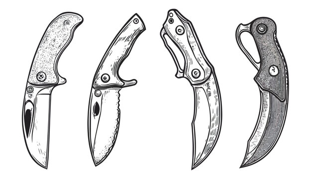 Artistic depiction of four pocket knives, each with a unique blade design, rendered in black and white