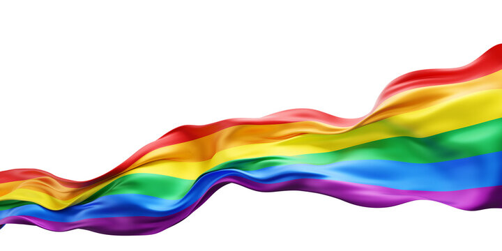 Rainbow flag ribbon flowing for pride month isolated on transparent background with copy space 3D render
