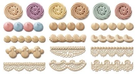 Pastel whipped cream swirls and decorative frosting borders, sweet buttercream icing elements for cake design, colorful meringue piping set