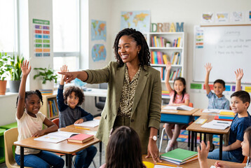 Fototapeta premium African american female teacher pointing at a student
