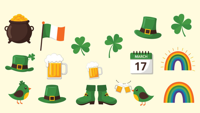 Comprehensive set of St Patricks Day icons including leprechaun hats rainbows shamrocks pots of gold and the Irish flag.
