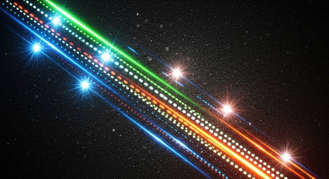 Vibrant parallel light trails with glowing dots and star flares against a dark, textured background, symbolizing data flow and high-speed communication.