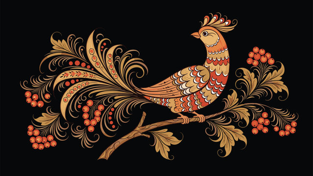 Traditional russian khokhloma style illustration of a mythical firebird perched on a branch with berries and ornate tail feathers.