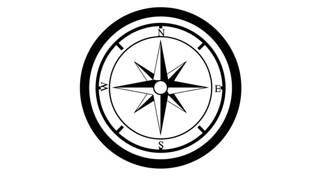 Black and white graphic of a navigational compass with eight-pointed star