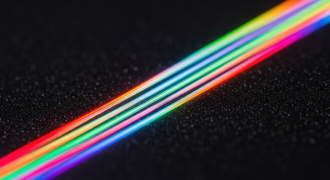 Vibrant parallel lines of rainbow-colored light glowing on a dark textured surface, creating an abstract optical effect.