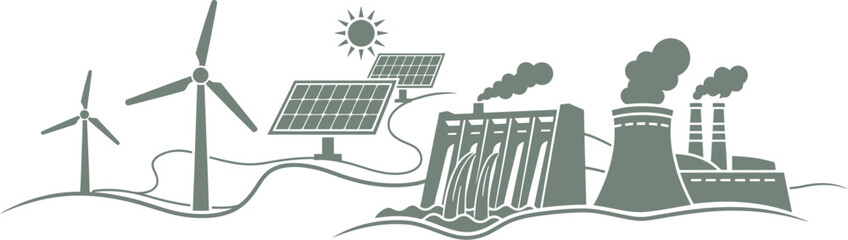 Obraz premium Diverse energy production landscape showing renewable and traditional power plants