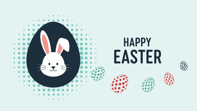 Modern Easter greeting card features a cute white bunny face inside a dark egg silhouette with a halftone pattern and message.