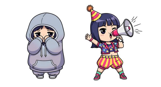 Chibi Characters Illustrating Introvert and Extrovert Personality Contrast with Shy and Outgoing Behavior