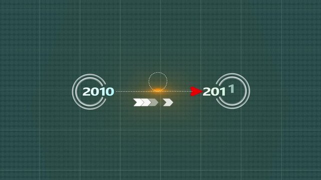 digital timeline 2010 to 2011 transition animation, modern technology interface concept, data flow arrows, circular progress icons, year change motion graphics,