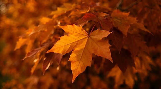 Warm autumnal light highlighting vibrant orange maple leaf with blurred background